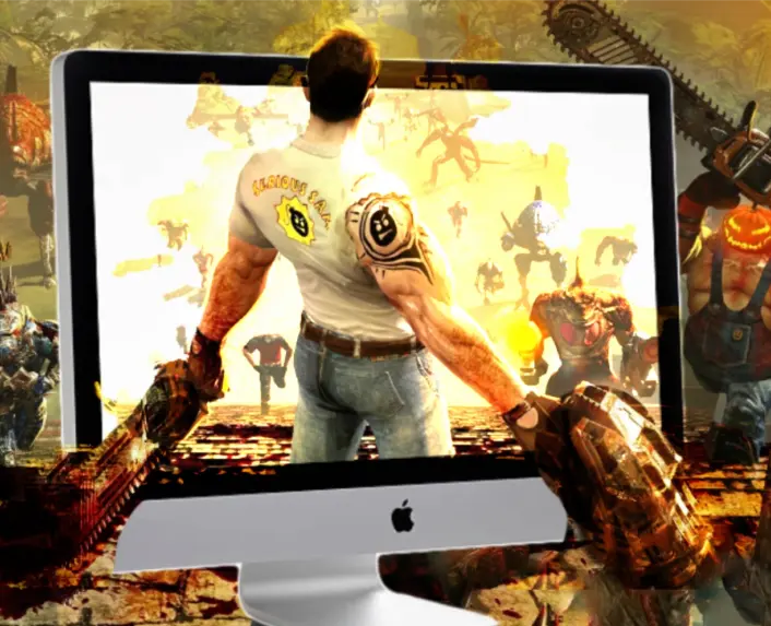 Mockup of Sam from Serious Sam 3 breaking out of an Apple iMac