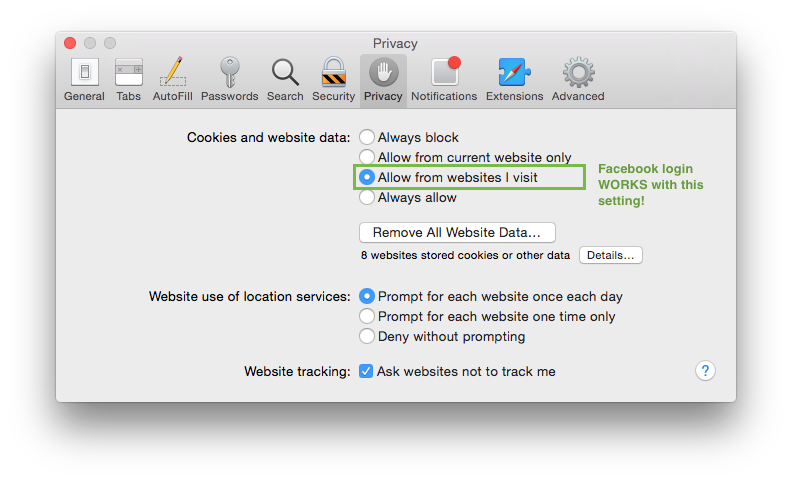 Safari OS X: Fix Facebook web login buttons not working anymore