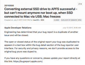 macOS High Sierra Beta - APSF issue with external bootable SSD - 12 Bug confirmation by Apple
