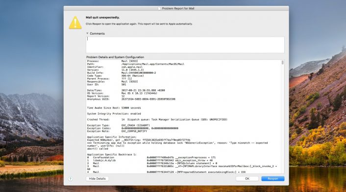 Mail.app High Sierra Crash Error Message