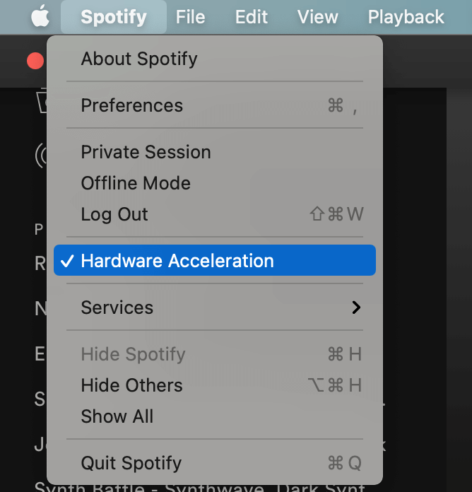 Screenshot of Spotify Hardware Acceleration setting in macOS app