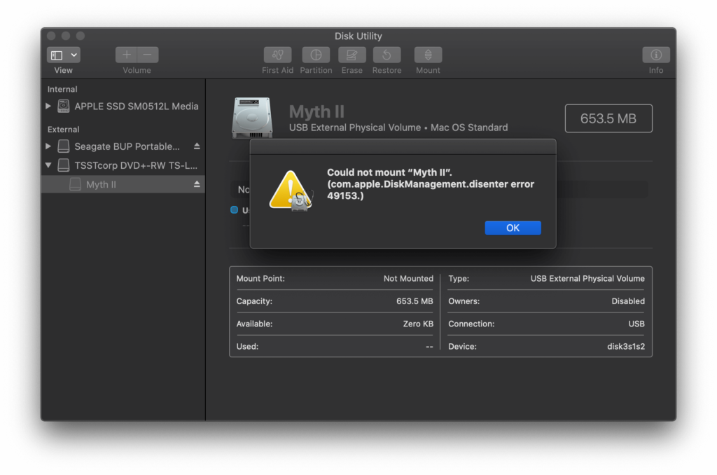 Screenshot of Disk Utility in macOS showing Apple_HFS com.apple.DiskManagement.disenter error 49153