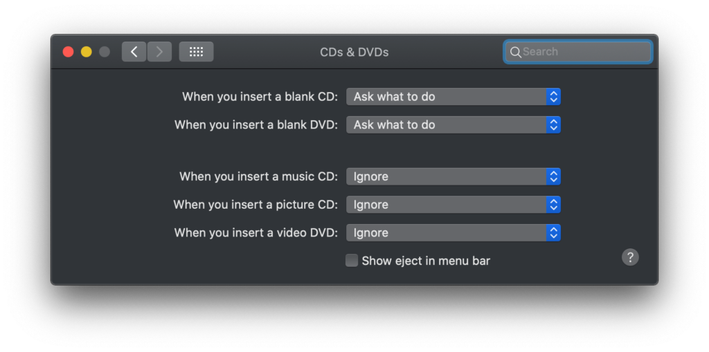 macOS System Preferences Screenshot showing CDs and DVDs set to ignore