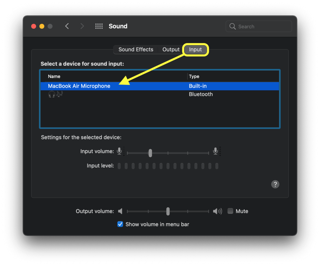 macOS System Sound Input change Input device