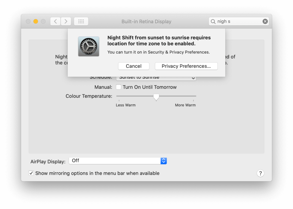 Night Shift error in macOS prevents enabling Night Shift