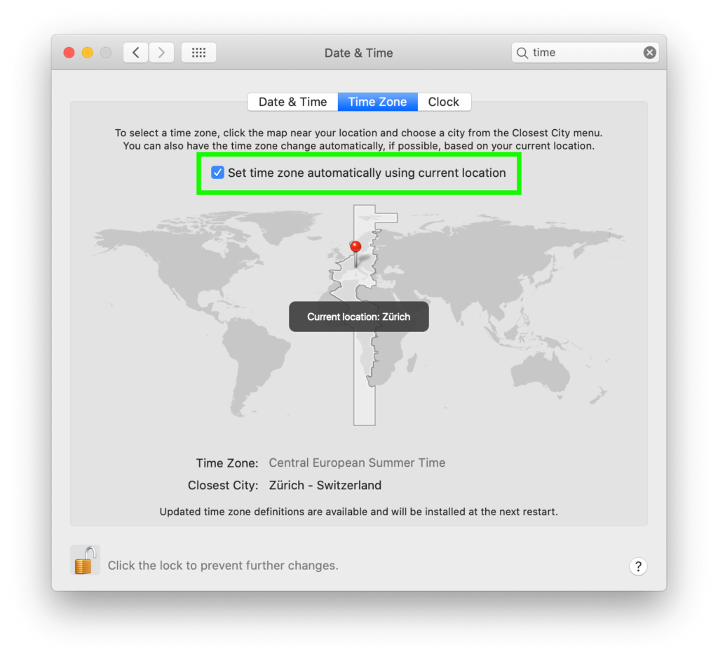 Fix for Night Shift error in macOS by enabling automatic time zone detection