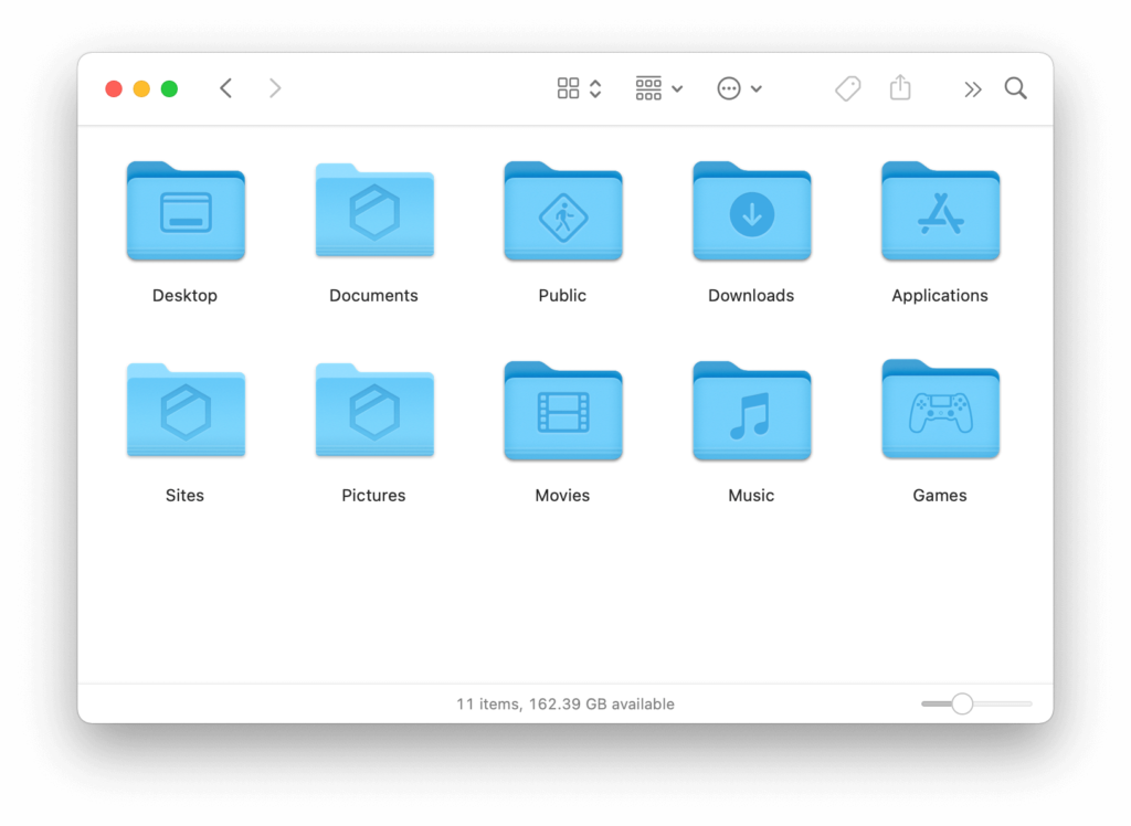 Screenshot of User Home showing the custom Games folder icon in macOS 12