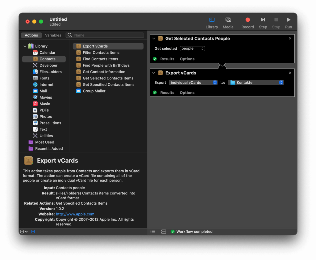 Screenshot of Automator workflow in macOS