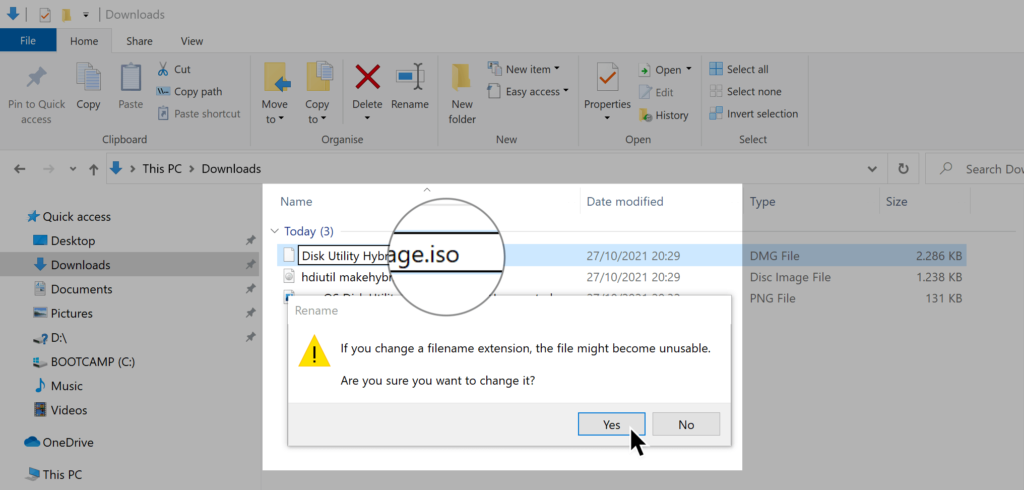 macOS Disk Utility Hybrid Image - Rename dmg to iso in Windows 10 Explorer