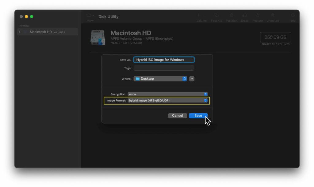 macOS create ISO disk image compatible with Windows - Save as hybrid image type