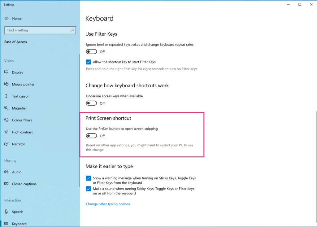 Screenshot showing the Windows Print Screen Shortcut Setting in macOS Boot Camp