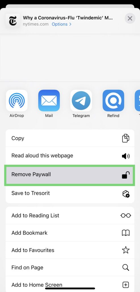 How-to screenshot using the «Remove Paywall» shortcut to remove a webpage's paywall