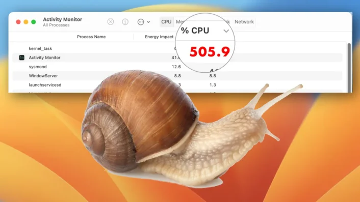 Teaser image showing the macOS Activity Monitor with over 500 % CPU usage by kernel_task on macOS 13 Ventura Beta 2