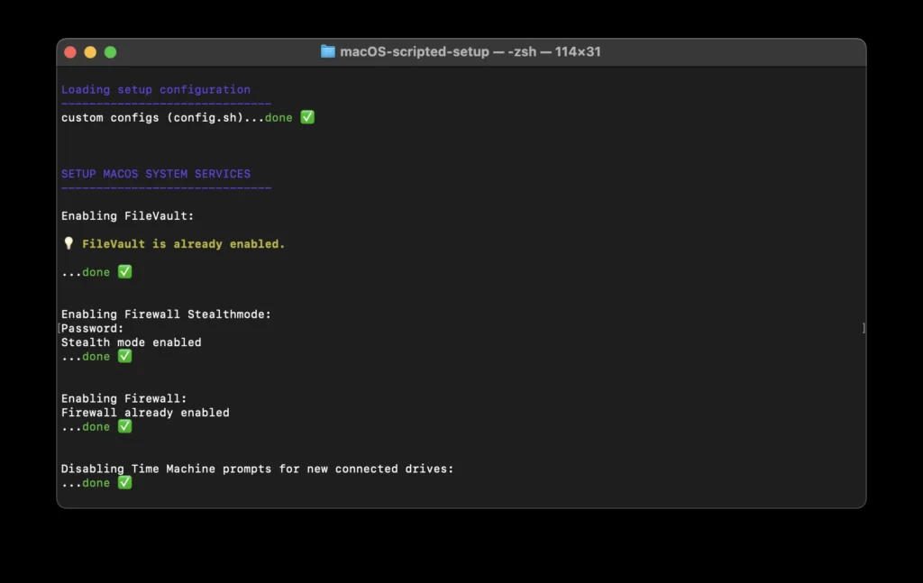 macOS Scripted Setup running and showing output in the Terminal CLI