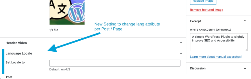 Screenshot of the WordPress Block Editor with new custom field for Language Overwrite of Posts and Pages