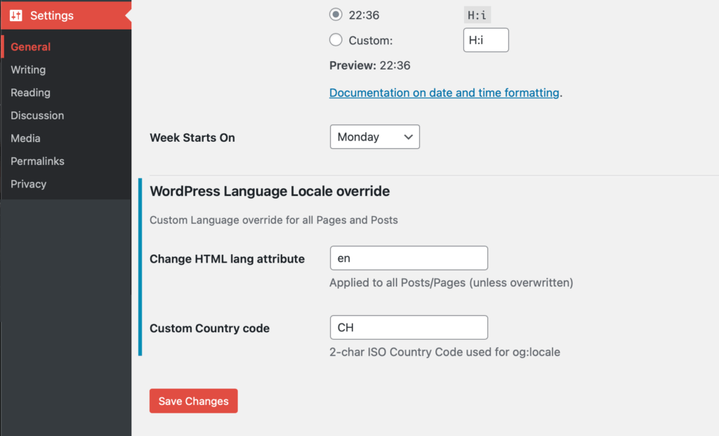 Screenshot of the WordPress Settings » General with new custom section for global Language Overwrite settings