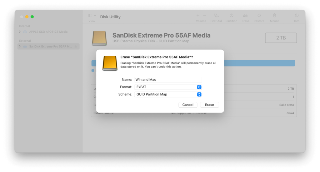 Screenshot of macOS Disk Utility settings on erasing an external drive that's higher than 32 Gigabyte