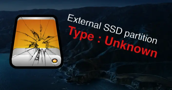 Schematic visualisation of a broken external SSD drive and the error message Type Unknown