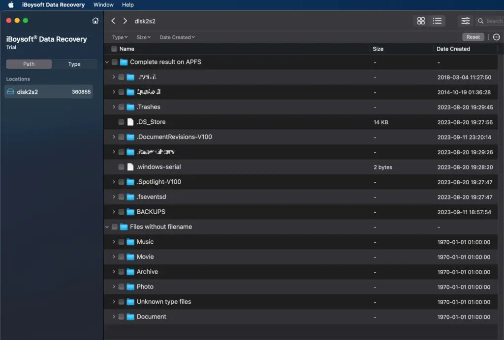 Screenshot from iBoysoft Data Recovery software restoring files from defect APFS partition