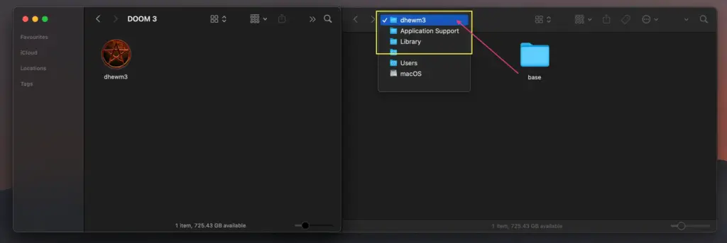 Screenshot of the dhewm3 App and the required Application Support folder to play Doom 3 on macOS