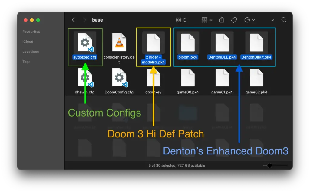 Screenshot of Doom3 base folder with custom configs and hi-definition graphics patches