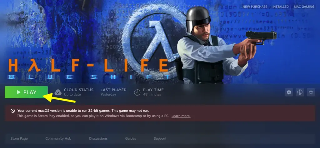 Screenshot from Mac Steam App allowing to Play the patched Half-Life games