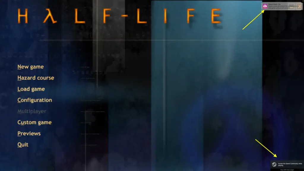 In-game screenshot of Steam Half-Life Blue Shift running natively on modern macOS on ARM-architecture with Game Mode and Steam Overlay