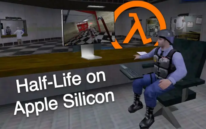 Teaser showing a scene from the Half-Life Game with a fake ARM Apple Silicon Mac placed inside