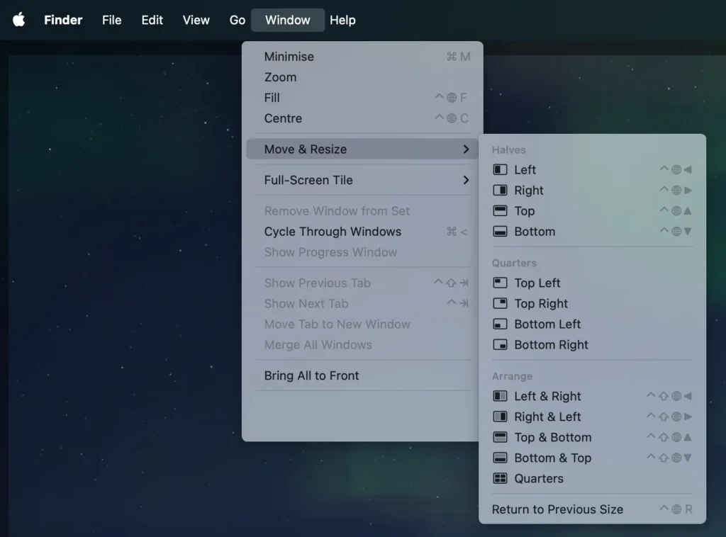 A screenshot from macOS 15 Sequoia Finder showing Window Tiling options