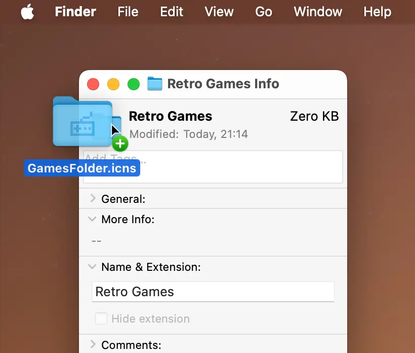 Get Info dialog in macOS Finder and a drag-n-drop effect how to change its visual icon