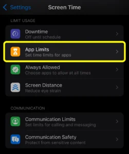 Screenshot from iOS Settings » Screen Time with markings