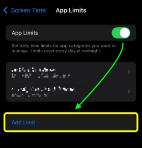 Screenshot from iOS Settings » App Limits with markings