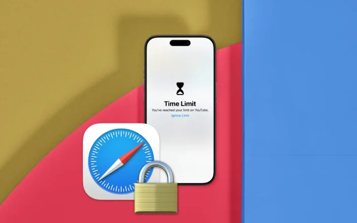 An iPhone with a reached App Time Limit on a desk, overlayed with a Safari Webbrowser icon with a big locked Lock