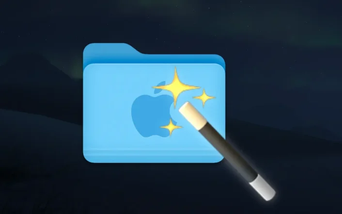 A macOS folder icon with a sparkling magic wand hovering over it