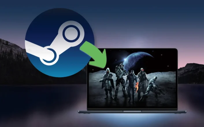 A symbolic mood visual with the Steam App logo and a MacBook Air showing famous Characters from Games