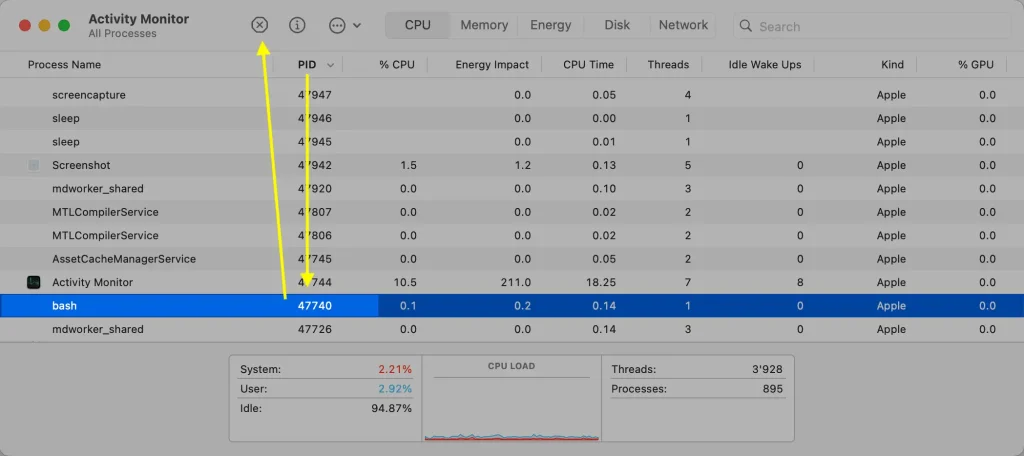 Screenshot from the macOS Activity Monitor.app showing a running process by Process ID and how to stop it