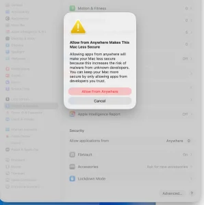 Screenshot from macOS 26 Tahoe System Setting «Privacy & Security» showing the additional risk-warning popup when enabling «Anywhere»