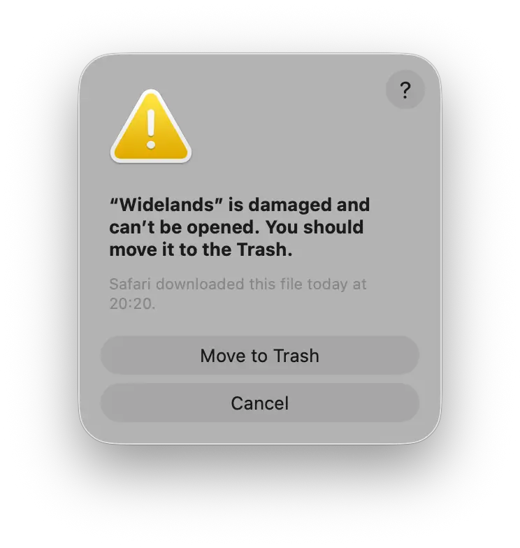 macOS 26 Tahoe Screenshot of a downloaded App launch Warning due to quarantine system protection
