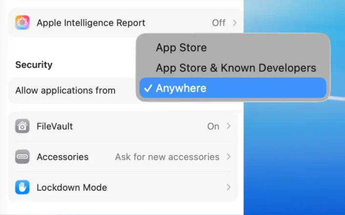 Enlarged Screenshot portion of Security & Privacy System Setting and «Allow applications from Anywhere» menu highlighted