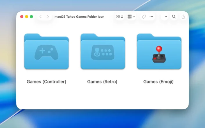 macOS 26 Tahoe Finder Screenshot showing 3 customized Folder Icons for Games Folders
