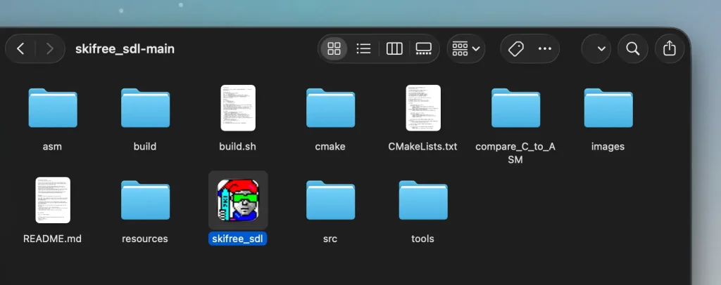 Screenshot from macOS Finder showing the custom built skifree_sdl Mac App