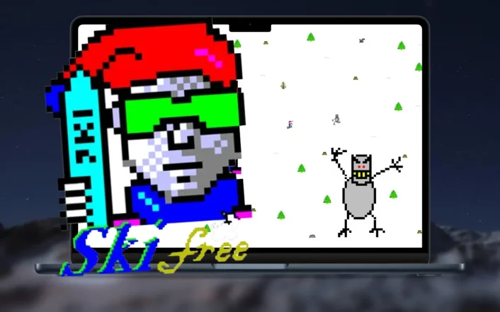 Apple MacBook Pro Device frame with SkiFree Game running on screen