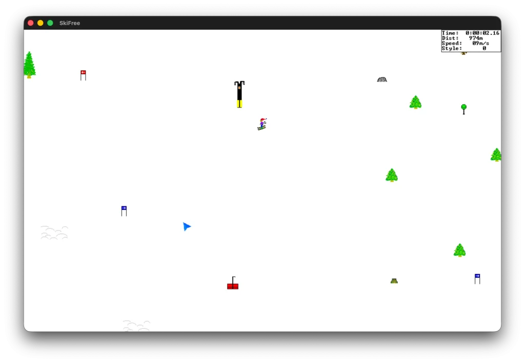 In-game screenshot of SkiFree running natively in macOS 26 Tahoe
