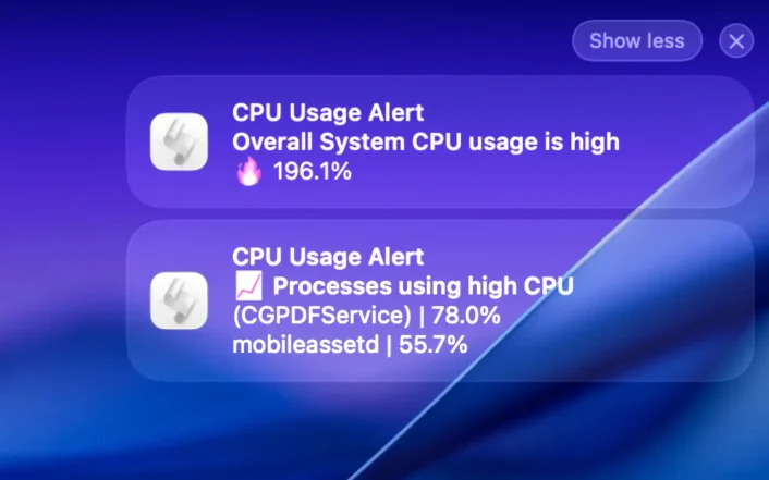 Screenshot mock-up of high macOS CPU process & system alerts in notification center