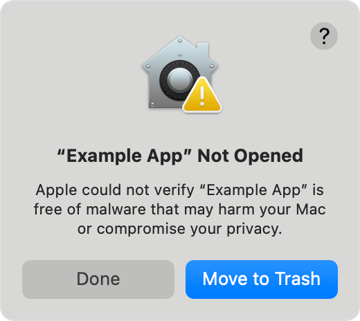 Screenshot of the macOS Gatekeeper App Warning saying it may harm Mac or compromise privacy